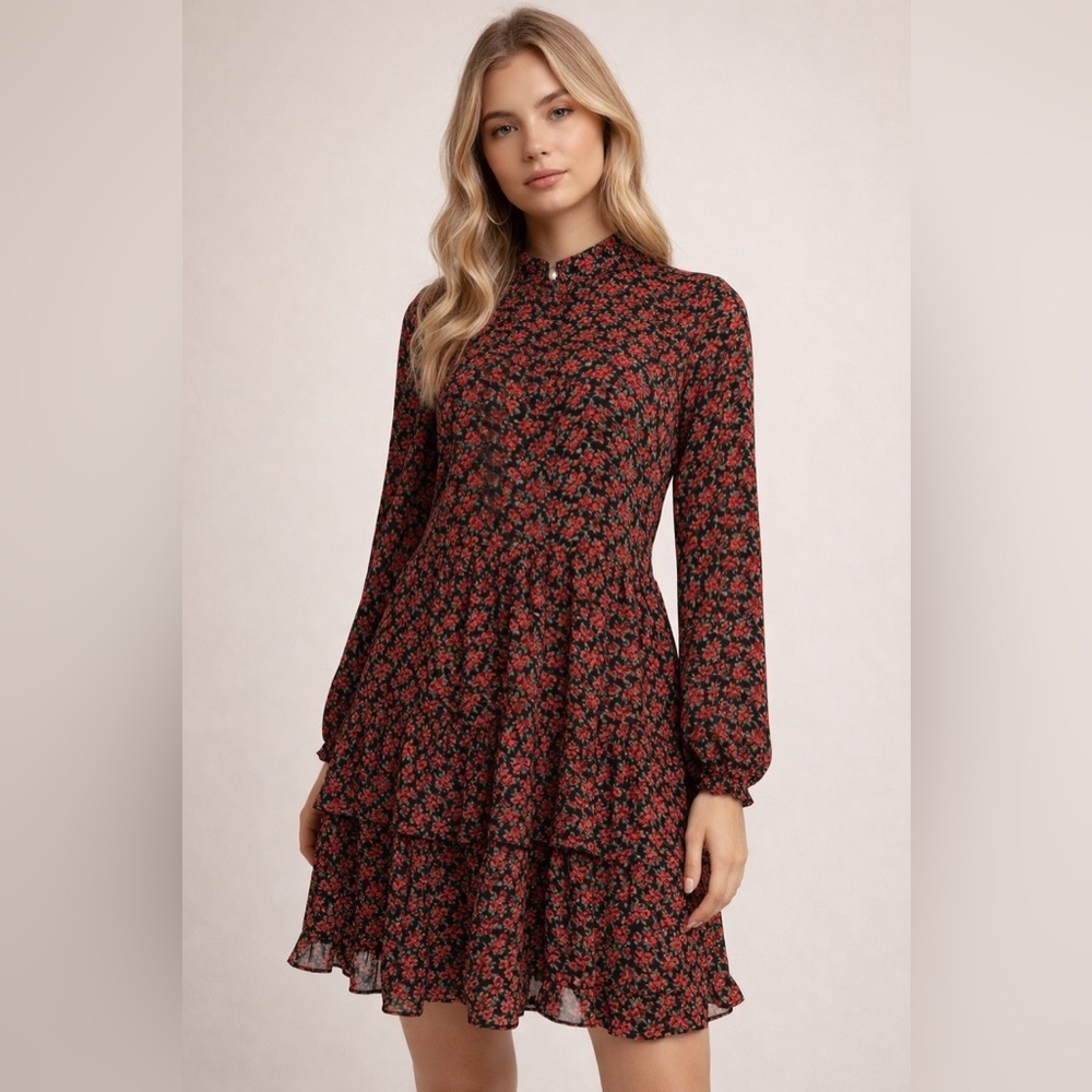 Berthie Paris Red Floral Tiered Dress | Long Sleeve Romantic Mini Dress NWT